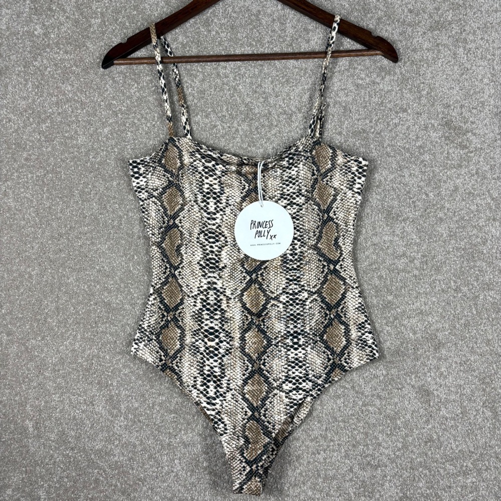 Princess Polly Snakeskin Bodysuit Brown Tan Animal Print Scoop Neck Women US 6
